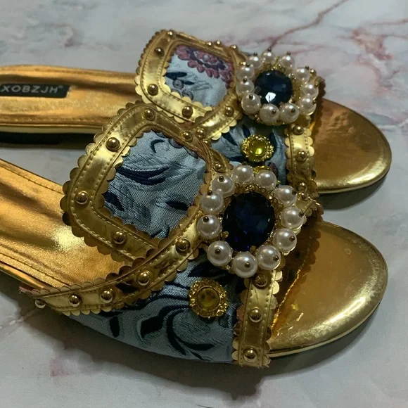 XOBZJH Evening Slides Rhinestone Sandal gold party shoes embroidery shoes 9.5 - Picture 5 of 13